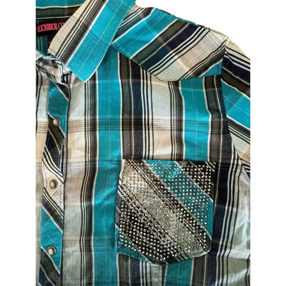 Rock & Roll Cowgirl Women's Size L Button Down Blue Black Pearl Snaps Western - Picture 2 of 13
